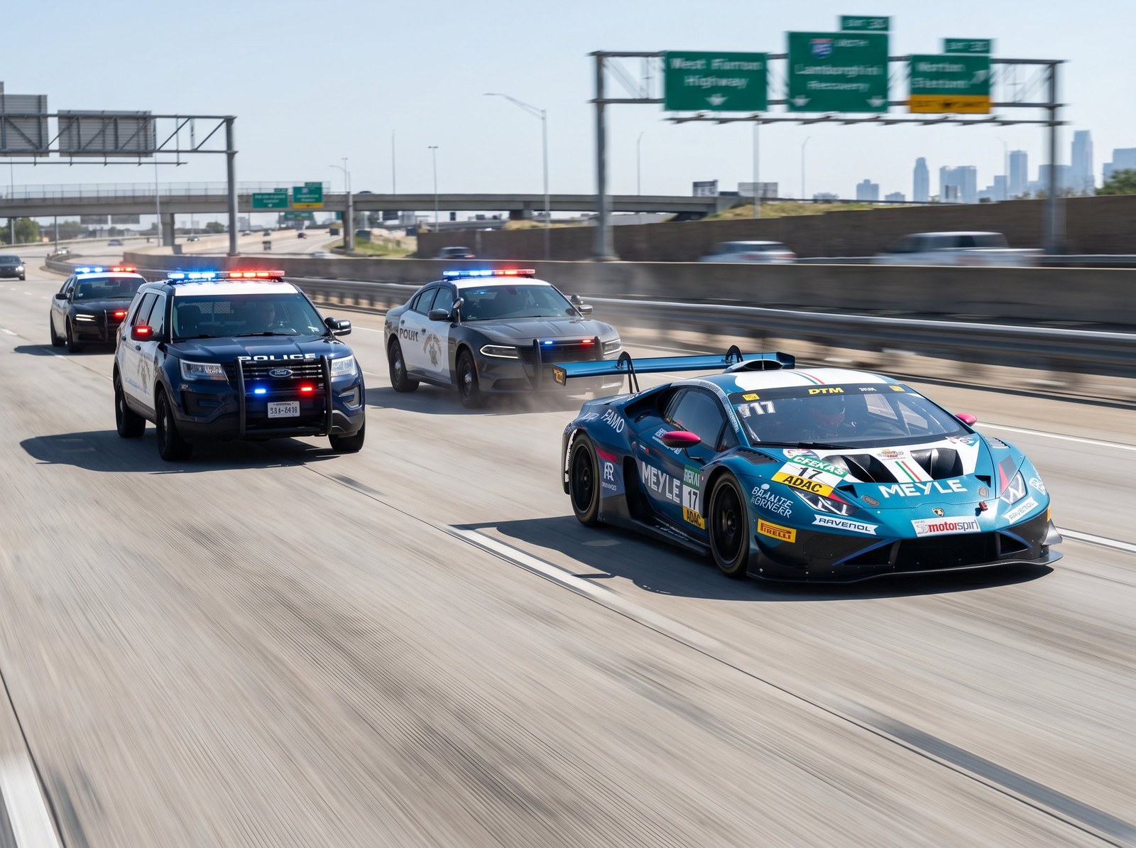 KI-generiert: Lamborghini GT3 auf US-Highway vor Polizeiautos – [F]antasy WOLF[F]OTO
