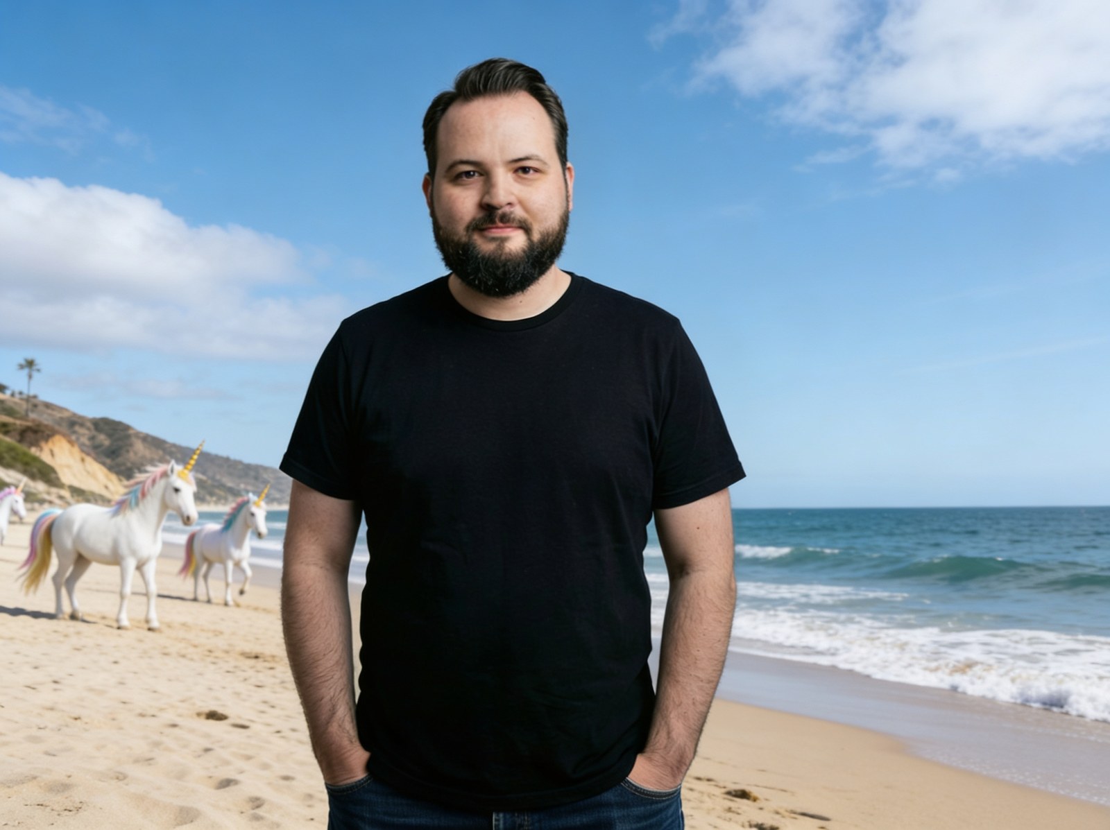 KI-generiert: Mann am Strand mit Einhörnern im Hintergrund – [F]antasy Hintergrund-Magie WOLF[F]OTO