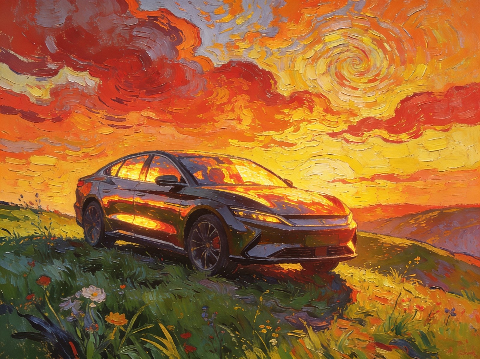 KI-generiert: Auto im Van-Gogh-Ölgemälde-Stil mit wirbelndem Abendhimmel – [F]antasy WOLF[F]OTO