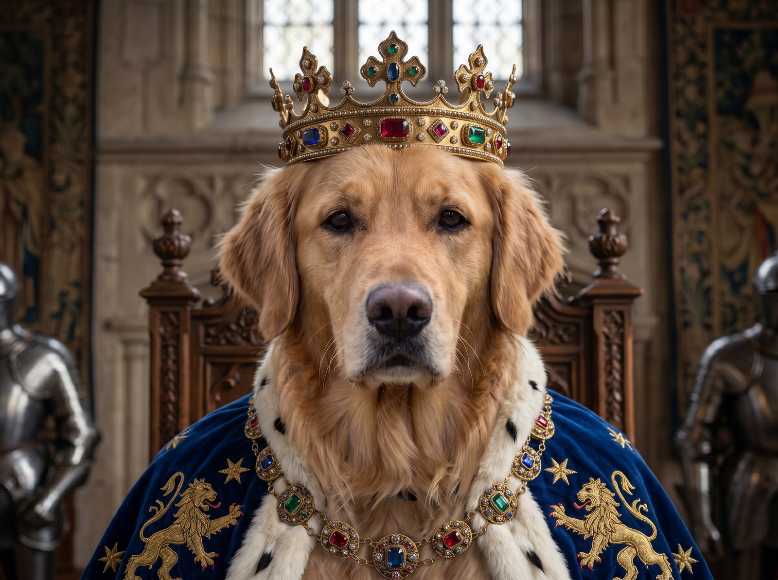 KI-generiert: Golden Retriever als König mit Krone auf mittelalterlichem Thron – [F]antasy WOLF[F]OTO