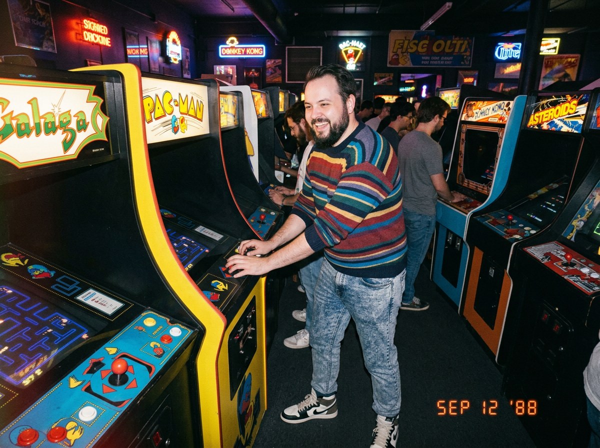 KI-generiert: Mann spielt Pac-Man in Arcade-Halle im 80er-Stil – [F]antasy WOLF[F]OTO